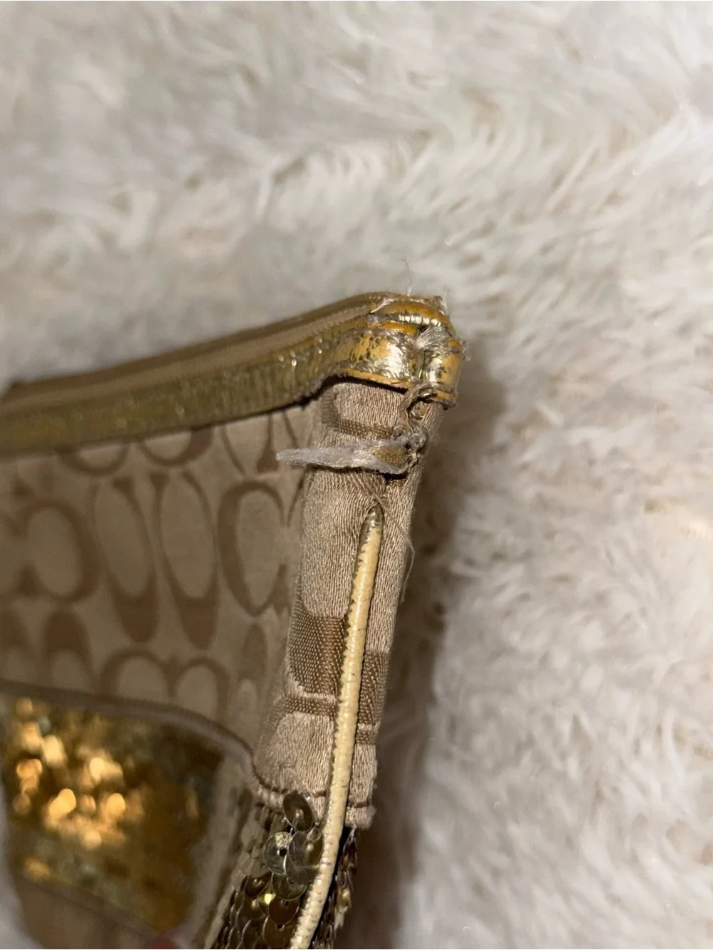 Coach Gold Sequins Classic Tan Brown Canvas Wristlet Wallet Signature Beige